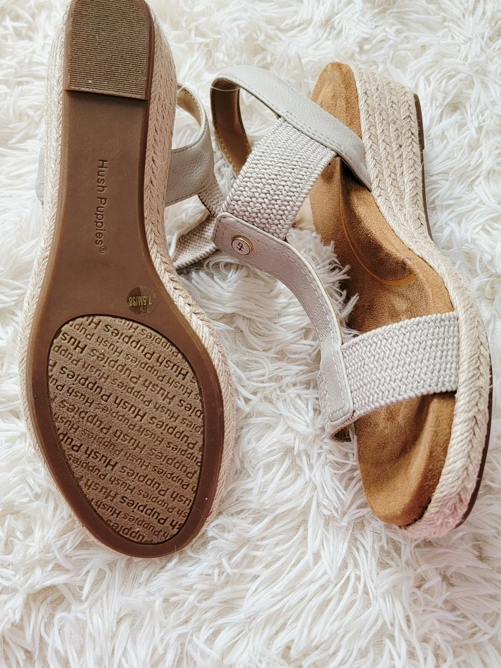 New Hush Puppies Neutral Woven T-Strap Wedge Sandals - Women